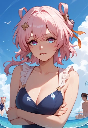 star rail,march 7th,retro style swimsuit,frilled neckline,bow detail  - AI generated anime art